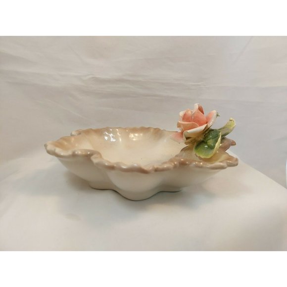 Vintage Porcelain Leaf Shape Dish w/Applied Rose Capodimonte Style 8" - Picture 7 of 10